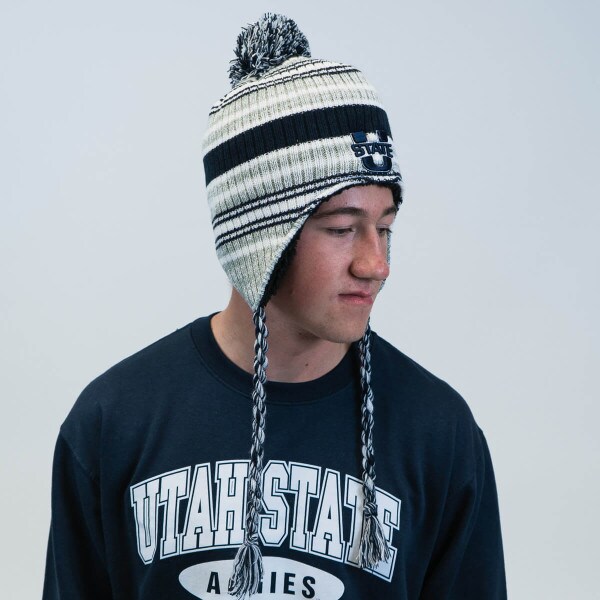 striped pom pom ear flap beanie utah state